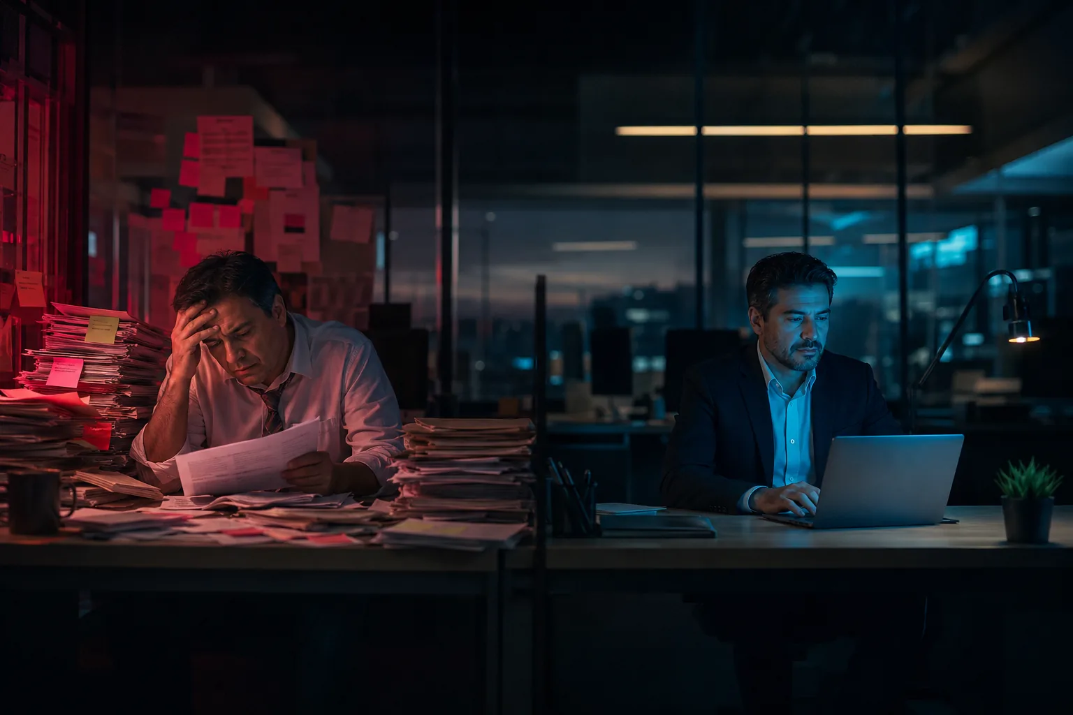 Dos empleados en el mismo puesto: uno saturado de trabajo manual y otro trabajando con claridad usando IA
