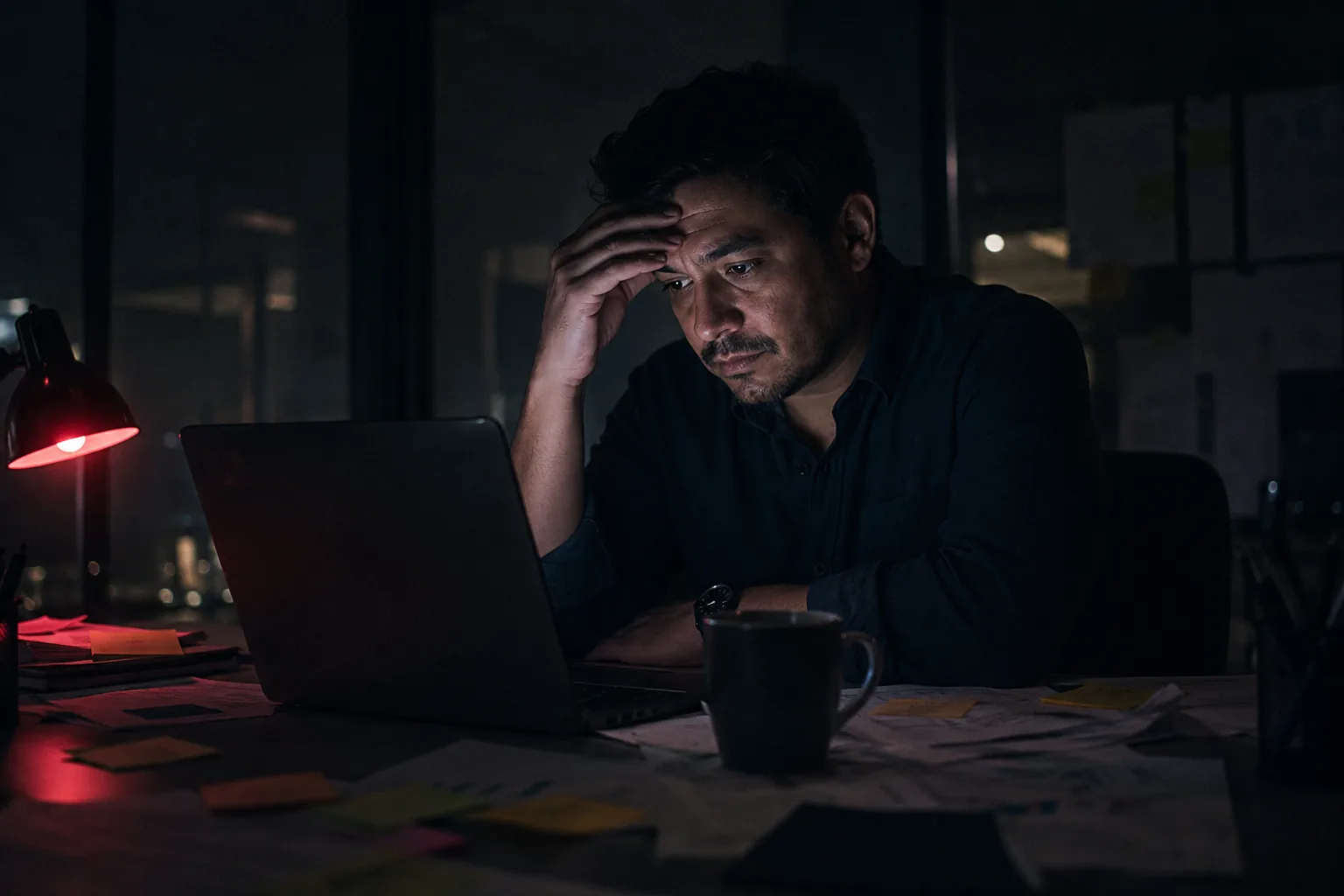 Empleado trabajando hasta tarde, abrumado por tareas repetitivas